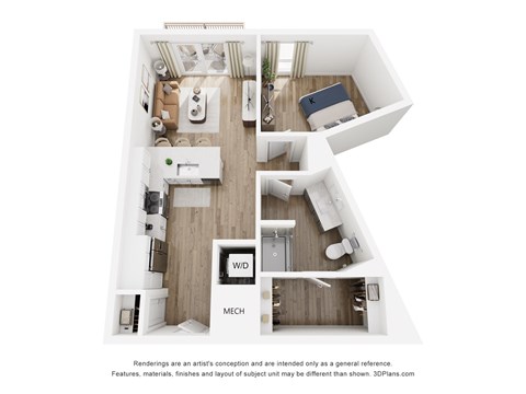 Floor plan for 1 bed, 1 bath, 678 sqft